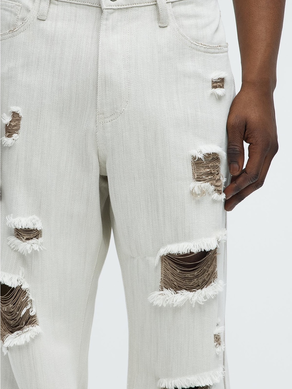 Distressed Straight Jeans - Beige - Picture 2 of 3